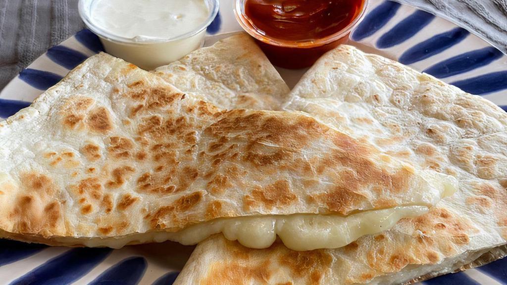 Cheese Quesadillas · Tasty melted mozzarella cheese. Paired with a side of crema & jalapeno lime sauce. Vegetarian.