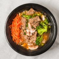 Beef Ramen · Ramen noodle with beef, scallion, carrot, mushroom, broccoli, and seaweed.