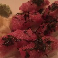 Toro Hako · Molded sliced fresh tuna belly with crunch, caviar, scallion with seasoned rice and special ...