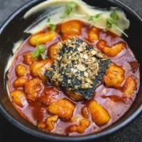 Gnocchi · Soupy and spicy. Korean chilli pepper sauce, garlic aioli, crunchy seaweed chip.