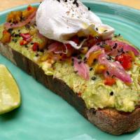 Avocado Toast · Our Avocado mash topped with Pickled Spicy Peppers, Pickled Red Onions,  Espelette Chili Fla...