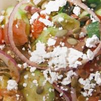 Mediterranean Salad · Tomatoes, Cucumbers, Bulgarian Feta, Olives, Spicy Peppers, Red Onion, Mint, Basil, Za’taar,...
