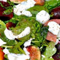 Roasted Beet And Fig Salad - Special · Roasted Baby Beets, Figs, Stracciatella Cheese, Arugula, Baby Spinach with a Cabernet Vinaig...