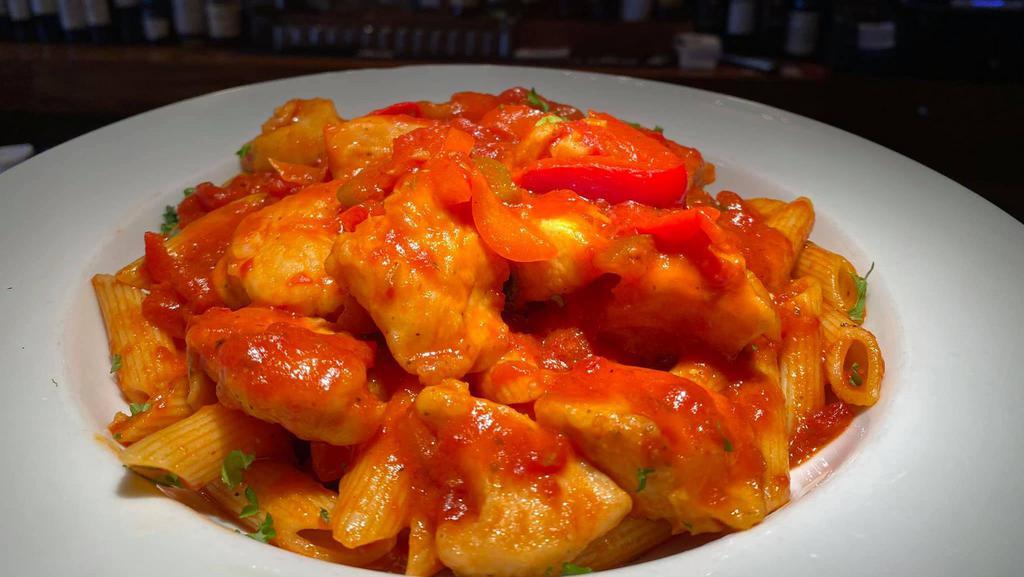 Fat Sal’S Penne · Chunks of chicken sautéed with cherry peppers and bell peppers with spicy marinara over penne.