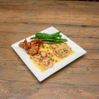 Veal Picatta · Lemon, White Wine, Capers, Punched Potatoes, Green Beans