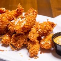 Coconut Shrimp · marinated in Yonkers Brewing Co.'s Mango Hard Seltzer and fried, topped with shaved cocnut a...