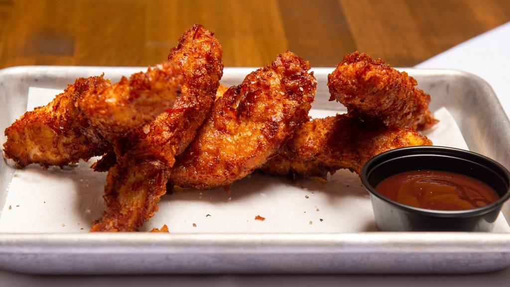 Crunchy Country Chicken · chicken tenders coated in panko and corn flakes served with house-made 914 Lager BBQ sauce