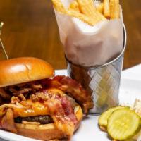Cheddar Gorge Burger · fried shallots, bacon cheddar cheese and YBC secret sauce