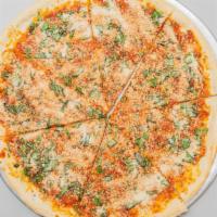 Grandma Pizza · Mozzarella cheese, grated romano, fresh basil.