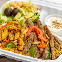 Mix (Lamb & Chicken) Over Rice · Chicken & Lamb over yellow rice, comes with house salad and your choice of sauce. 
choose on...