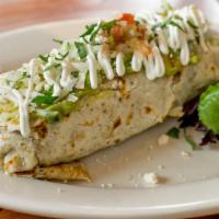 Burrito · White flour tortilla filled with (ONE CHOICE OF PROTEIN), filled inside with 
onion/coriande...