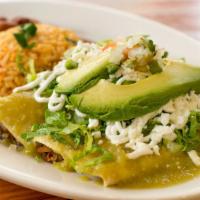 Enchiladas · Three corn tortillas filled with (ONE PROTEIN see main course), topped, 
lettuce, cheese, cr...