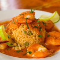 Camarones A La Diabla · Seasoned jumbo shrimp covered with our red-spicy diabla chipotle sauce served 
with rice, an...