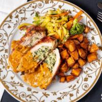 Stuffed French Chicken Breast · bacon, creamy spinach risotto, roasted garlic chipotle sauce, maple sweet potatoes, julienne...