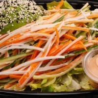 Spicy Kani Salad · lettuce, kani, cucumber, carrots, avocado, spicy mayo dressing.