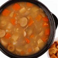 Vegetable Soup · A delicious homemade soup filled with the freshest vegetables and a side of croutons.