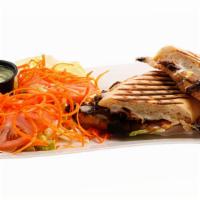 Wild Mushroom Panini · Rich, earthly mushrooms, sauteed onions, cheddar & mozzarella cheese with your choice of veg...