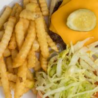 Cheeseburger · Deluxe served with Lettuce, Tomato, and French Fries.