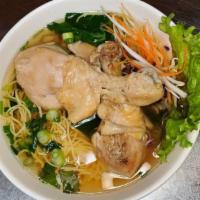 Thai Chicken Noodle Soup · Chicken, greens, egg noodles, Chinese broccoli and bean sprouts.