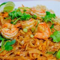 Pad Thai · The most famous Thai rice noodle stir fried with shrimp, egg, tofu and bean sprout and scall...