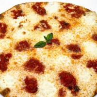 Margherita Pizza · Plum tomato sauce, fresh Mozzarella, fresh basil, Parmesan, and extra virgin olive oil.