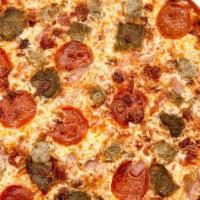 Meatlovers Pizza · Classic red sauce, shredded mozzarella, parmesan, sausage, pepperoni,sliced meatballs, smoke...