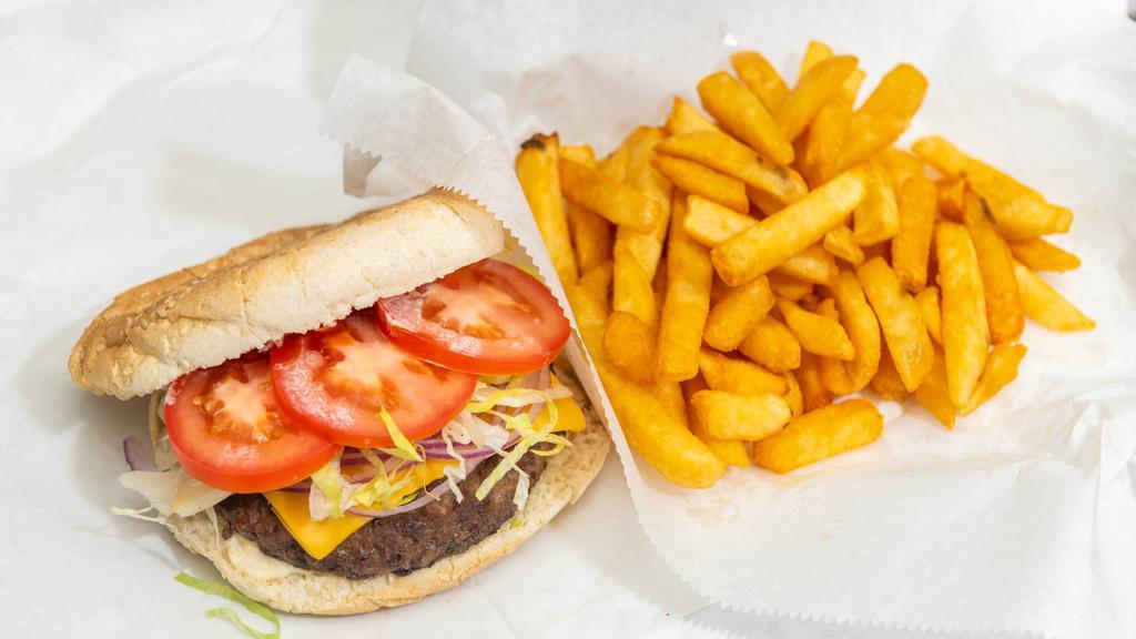Cheeseburger Deluxe · Bacon cheeseburger, lettuce, tomato, onions and French fries.