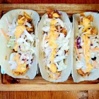 Spicy Chicken Taco ( 3 Pcs ) · 3 flour tortillas filled with chopped fried chicken with spicy soy sauce, topped with colesl...