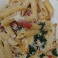 Chicken Florentine Pasta · sauteed spinach, with olive oil, white wine, chopped tomatoes, and mozzarella cheese