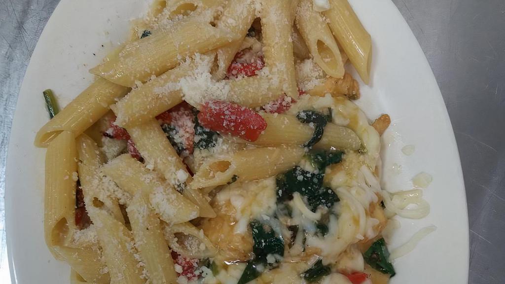 Chicken Florentine Pasta · sauteed spinach, with olive oil, white wine, chopped tomatoes, and mozzarella cheese