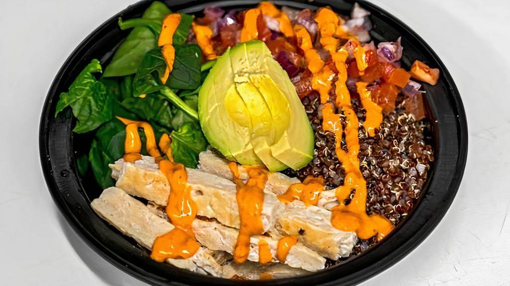 Grilled Chicken Burrito · Grilled chicken, avocado, spinach, black beans, sour cream, salsa. 3 cheese mix, quinoa, choice of sauce.