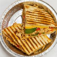 Chicken Fajita · Grilled chicken, cheddar cheese, roasted peppers, caramelized onions and salsa on European f...
