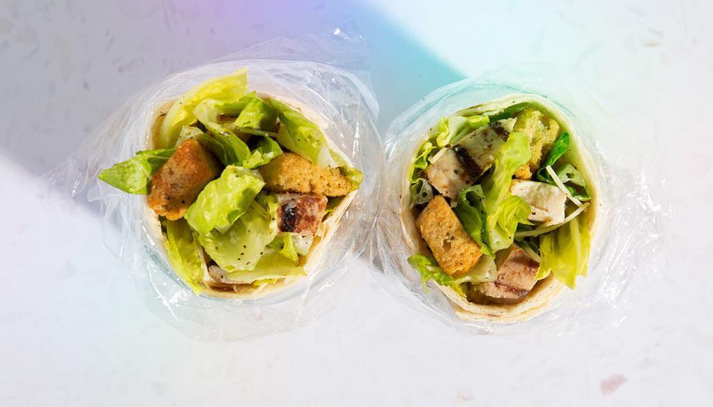 Chicken Caesar Wrap · Grilled Chicken, Romaine Lettuce, Croutons, Parmesan Cheese, Caeser Dressing, Flour Wrap