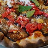 Sicilian Eggplant Pizza (No Mozzarella) · San Marzano tomatoes, garlic, sliced roasted eggplant, garlic roasted eggplant, olive oil, R...