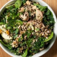 Roughage Salad · spinach, grains, broccoli, raisins, apples, seeds, almonds, tahini dressing