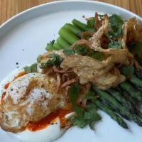 Warm Asparagus · Poached Egg, Crispy Artichokes, Hot Sauce