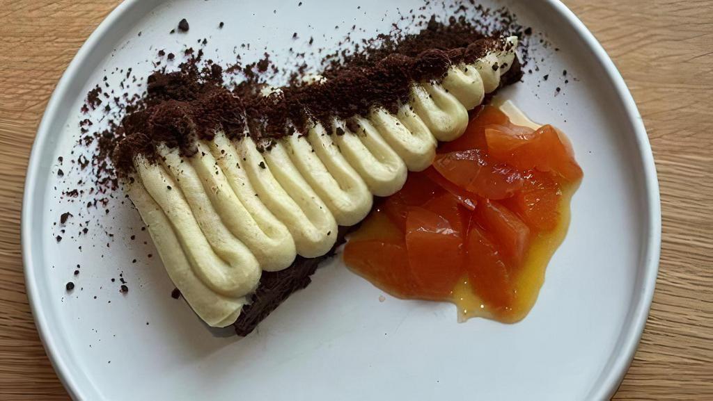 Flourless Chocolate Cake · Vanilla Cream, Rhubarb