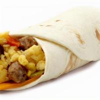 Turkey Sausage Breakfast Burrito · Two scrambled eggs, turkey sausage, breakfast potatoes, and melted cheese wrapped in a fresh...