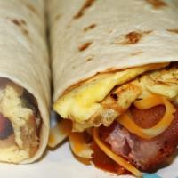 Bacon Bbq Breakfast Burrito · Two scrambled eggs, breakfast potatoes, crispy bacon, BBQ sauce, grilled onions, and melted ...