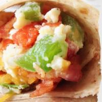 Fajita Veggie Breakfast Burrito · Two scrambled eggs, sautéed peppers and onions, breakfast potatoes, and melted cheese wrappe...