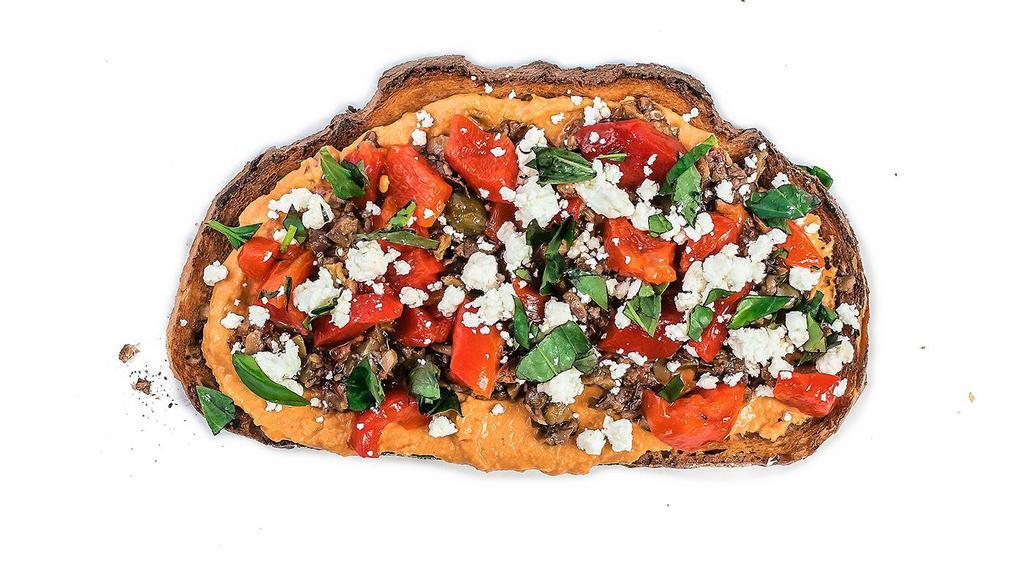 The Goat · We know you're the G.O.A.T so we named this toast after you! With roasted red pepper hummus, olive tapenade, crumbled goat cheese, roasted red peppers and basil, there's no question it's 