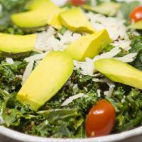 Kale Salad · Gluten free. Kale, avocado chunks, rainbow quinoa, cherry tomatoes & shaved parmesan with le...