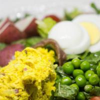 Salad Nicoise · Gluten free. Lettuce, spinach, potatoes, green beans, black olives, turmeric tuna, hard-boil...