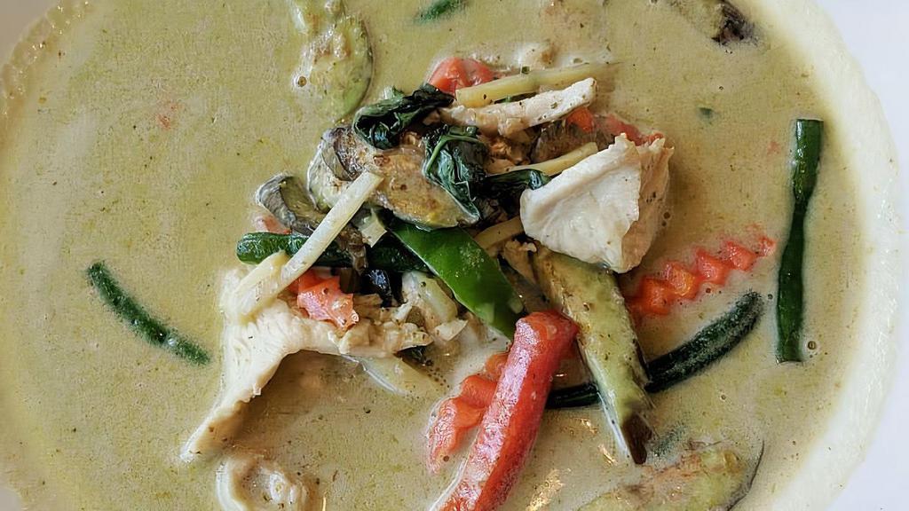 Green Curry · A classic Thai curry made with a medley of spices and fresh chilis, typically with a slightly sweeter finish. The lovely and recognizable green color is conceived by the addition of chili leaves. Chef recommends all proteins beside fish for this dish.