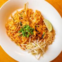 Pad Thai · Stir-fried Thai rice noodles with a tangy flavor, chive, bean sprouts, and sprinkled with gr...