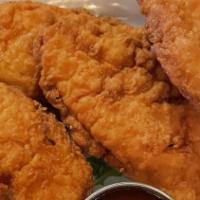 Chicken Fingers · Five large, all white chicken fingers. Side of BBQ sauce.