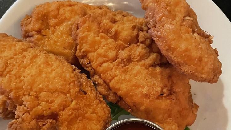 Chicken Fingers · Five large, all white chicken fingers. Side of BBQ sauce.