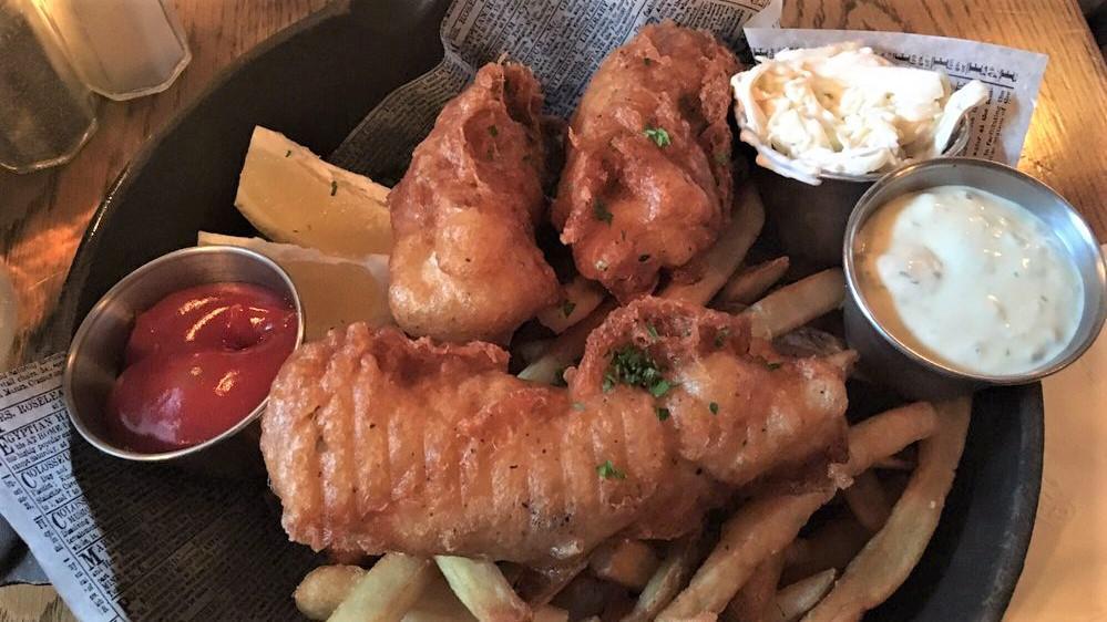 Fish & Chips · Tempura-battered cod, served with house fries, home-made tartar sauce, and Irish coleslaw.