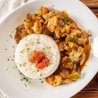 Chicken Curry · Chicken and peppers with Irish curry sauce. Served over a bed of fluffy white rice.