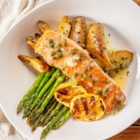 Pan Roasted Wild Salmon · Served with lemon-caper butter, fingerling potatoes, and asparagus.